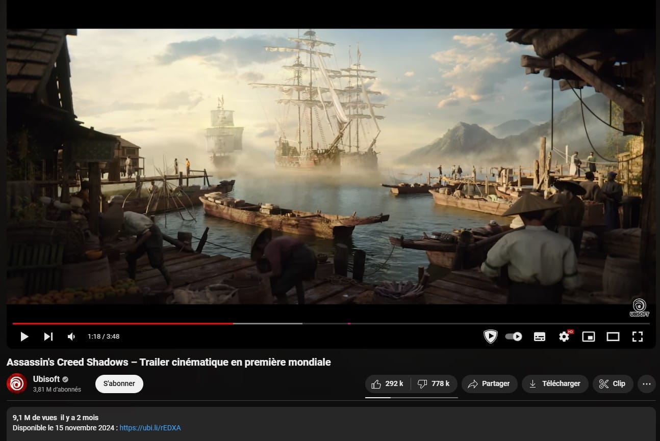 Capture d'écran de la vidéo YouTube du trailer d'Assassin's Creed: Shadows sur YouTube, avec 778000 dislikes et 292000 likes.