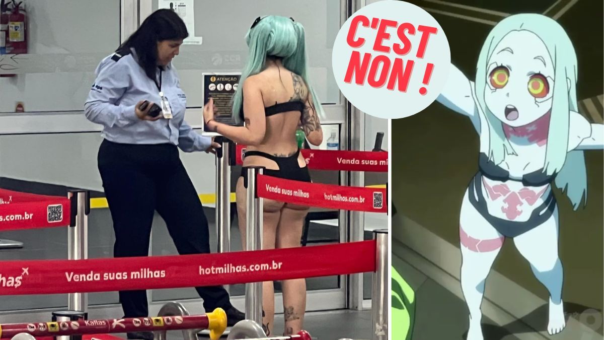 Montage photo : photo de Kinechan2.0 qui se fait refouler à l'aéroport SBNF - Rebecca de la série Cyberpunk: Edgerunners