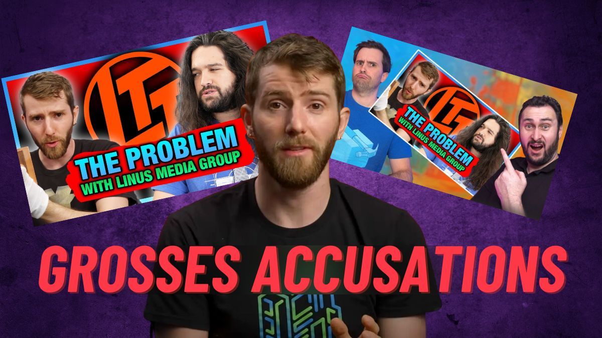 Linus entre deux miniatures de vidéos autour du drama avec Gamers Nexus. Titre : Grosses accusations.