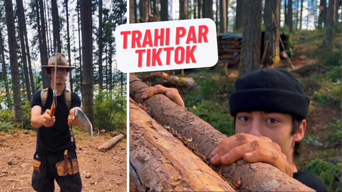 Le tiktokeur WillSurvives dans la forêt, suivi de la citation : Trahi par Tiktok