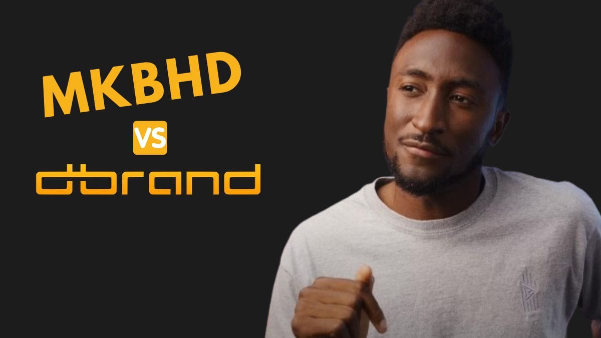 Montage photo : Marques Brownlee sur fond noir, avec écriture en jaune « MKBHD vs Dbrand ».