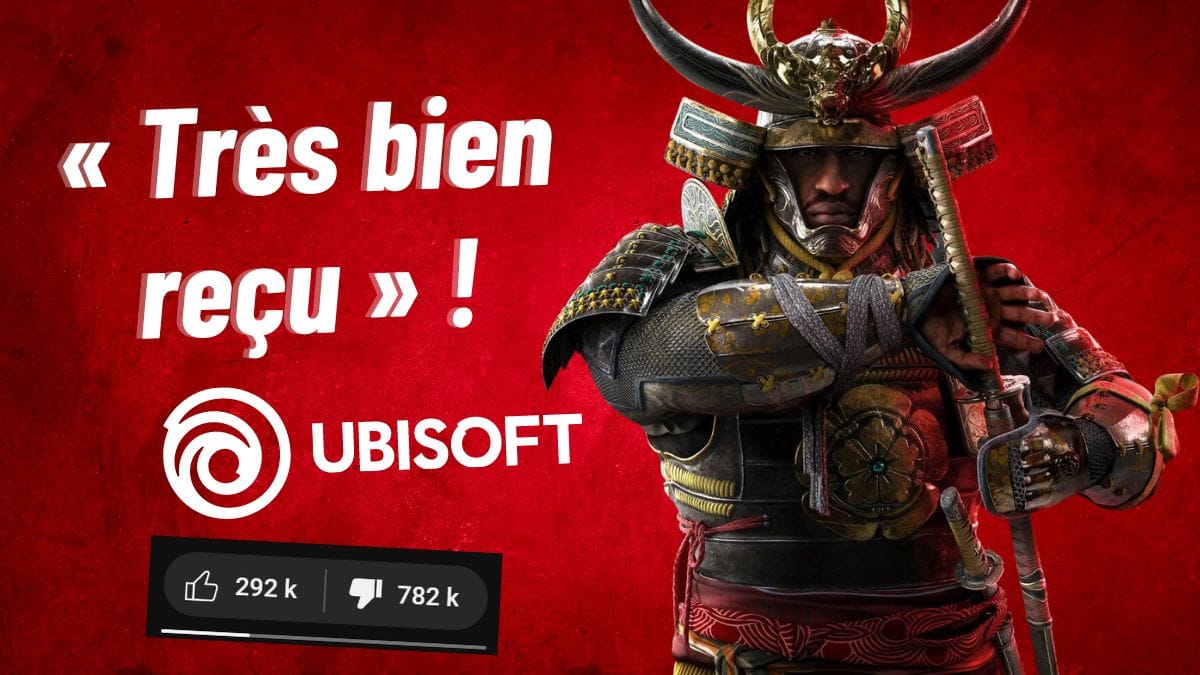 Photo du personnage Yasuke d'Assassin's Creed Shadows, sur fond rouge avec inscription « Très bien reçu ! », le logo d'Ubiso